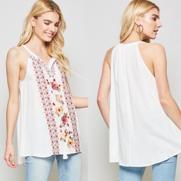 033 Boho Floral Embroidered Tassel Neck Tie Tank Top - Picture 2 of 2